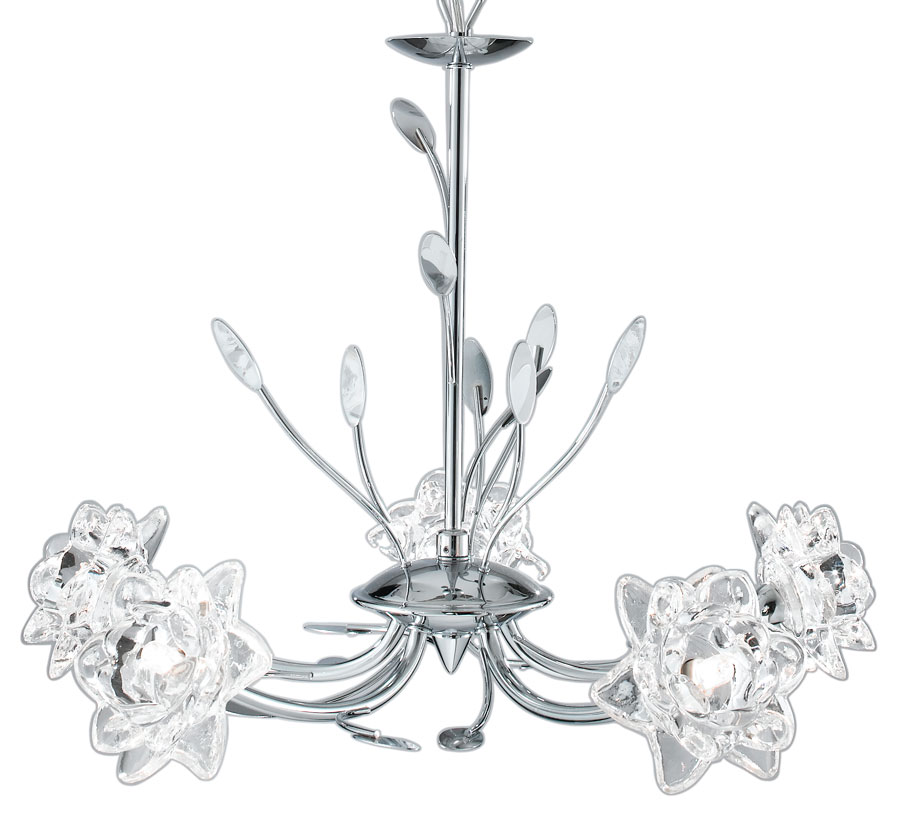 Bellis Polished Chrome 5 Light Chandelier With Flower Glass Shades