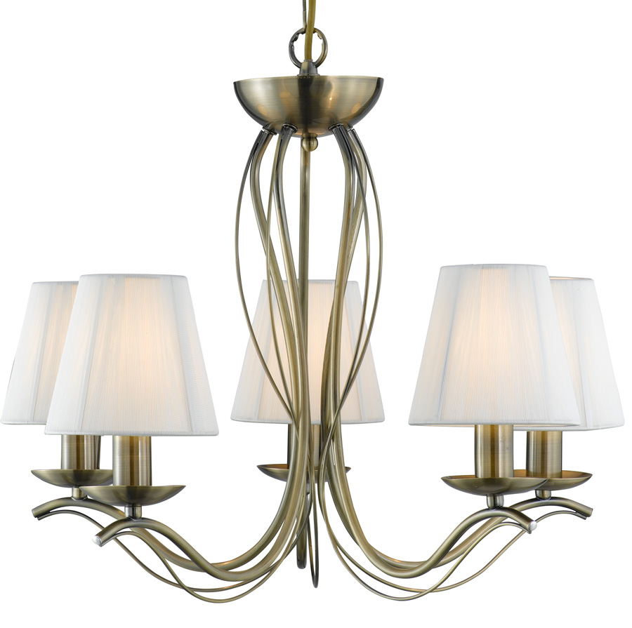 Andretti Antique Brass 5 Light Chandelier With Cream Shades