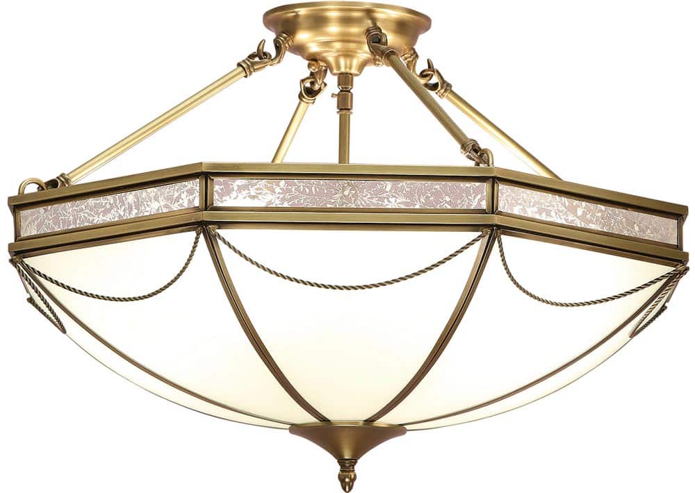 Russell Frosted Glass Art Deco Semi Flush 3 Light In Brass