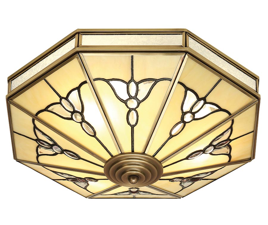 Gladstone Tiffany Glass 4 Light Art Deco Flush Ceiling Light Brass