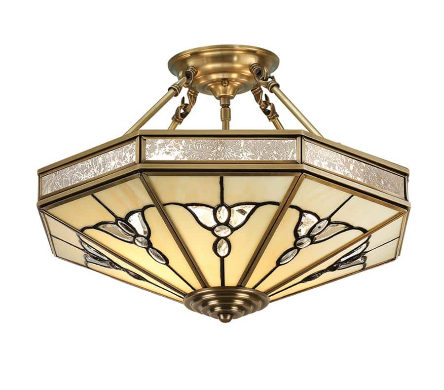 Gladstone Tiffany Glass Art Deco Semi Flush 4 Light In Brass