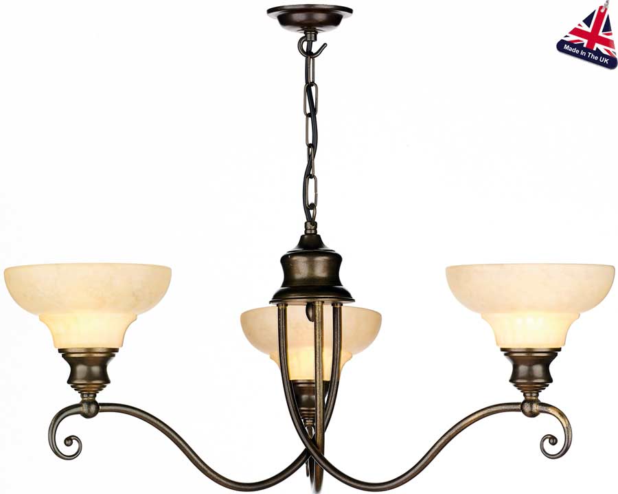 Stratford Solid Brass Marble Glass 3 Light Chandelier UK Made