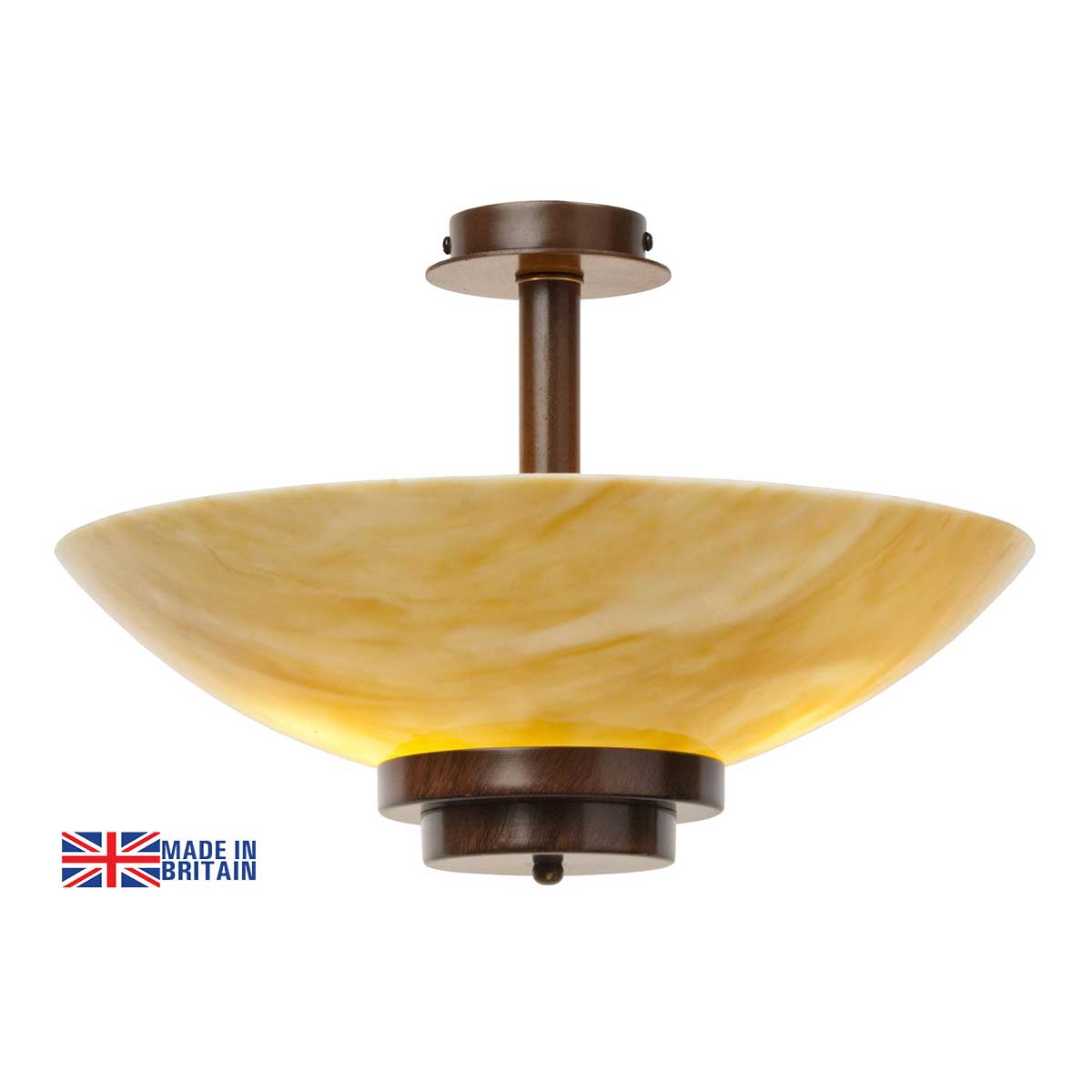 Stratton Art Deco Amber Glass Semi Flush Antique Finish Light UK Made