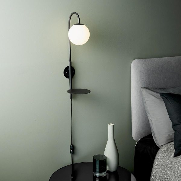 Satin black 1 light plug-in wall light with shelf and opal glass shade main image