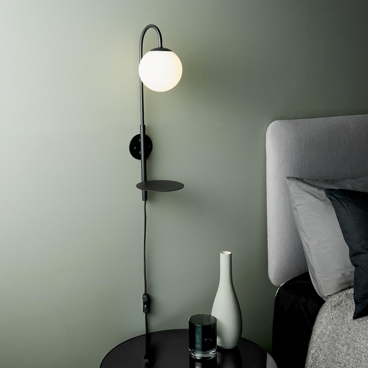 Satin Black 1 Light Plug In Wall Light With Shelf And Opal Glass Globe