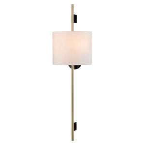 Franklite Serenity tall wall light in matt black and gold with cream fabric shade, on white background.