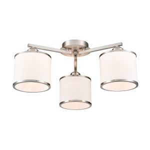 Franklite Sirius 3 light satin nickel flush fitting ceiling light, on white background, lit.