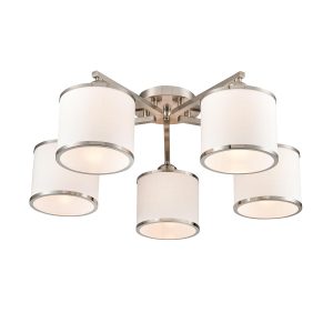 Franklite Sirius 5 light satin nickel flush fitting ceiling light, on white background, lit.