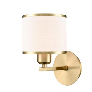 Franklite Sirius single aged brass wall light, facing up on white background, lit.