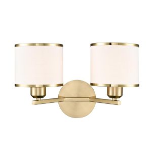 Franklite Sirius twin aged brass wall light, upright on white background, lit.