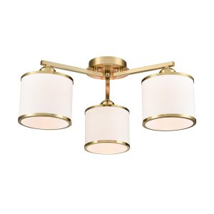 Franklite Sirius 3 light aged brass flush fitting ceiling light, on white background, lit.