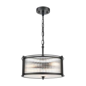 Franklite Sloane 3 light matt black pendant with ribbed and frosted glass, full height on white background.