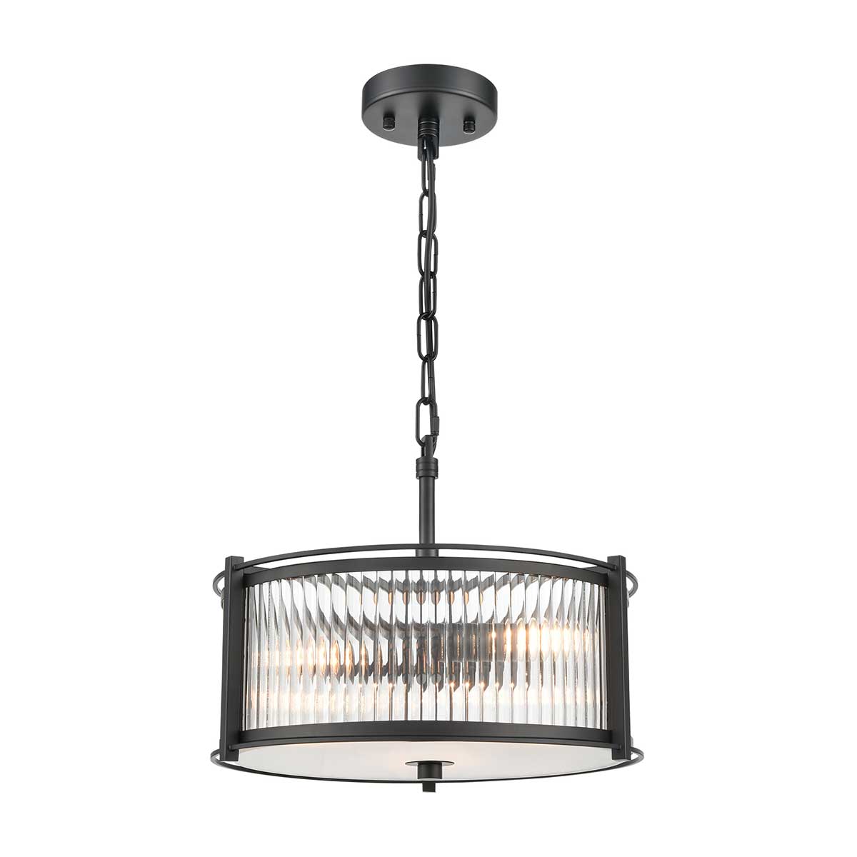 Sloane 3 Light Matt Black Pendant With Ribbed Glass