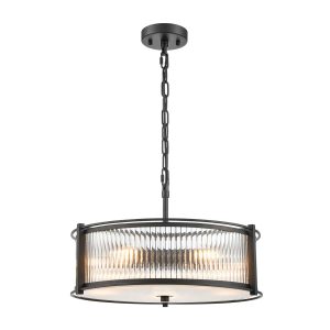 Franklite Sloane 5 light matt black pendant with ribbed and frosted glass, full height on white background.