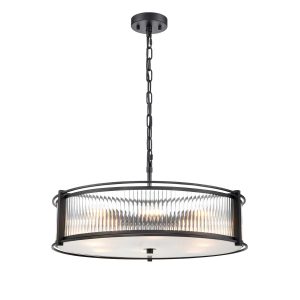 Franklite Sloane 8 light matt black pendant with ribbed and frosted glass, shown full height on white background.
