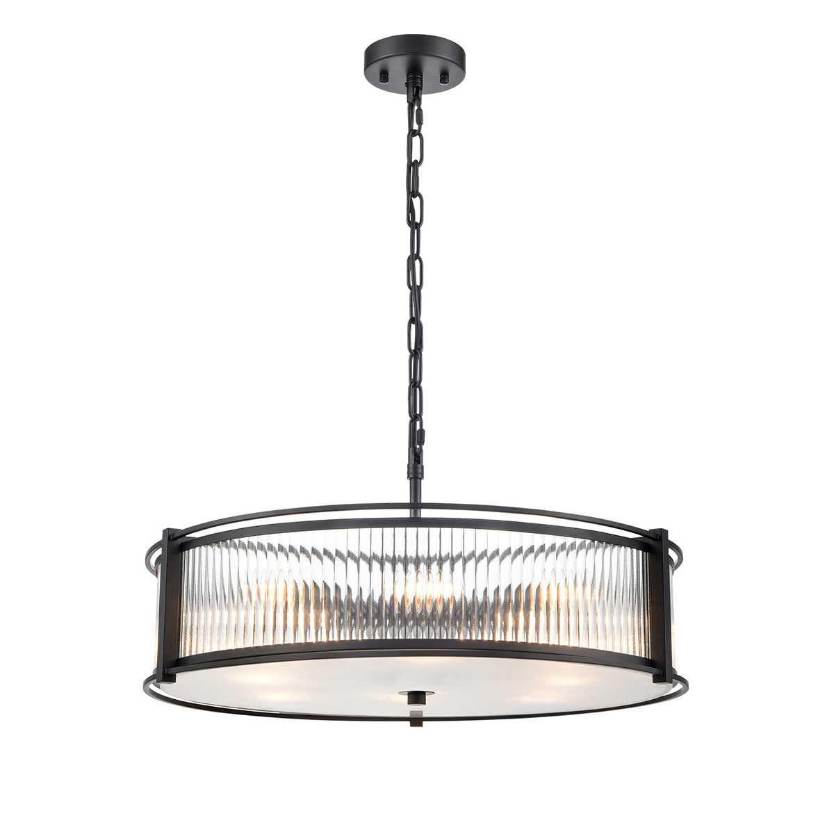 Sloane 8 Light Matt Black Pendant With Ribbed Glass