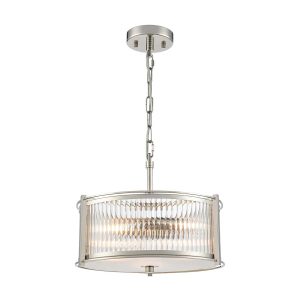 Franklite Sloane 3 light pendant in polished nickel with ribbed and frosted glass, full height on white background.