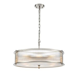 Franklite Sloane 8 light pendant in polished nickel with ribbed and frosted glass, on white background.