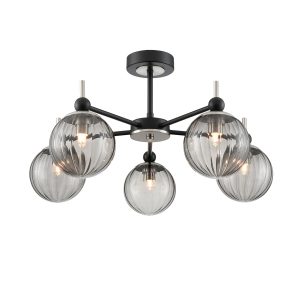 Franklite Solar 5 light semi flush ceiling light in matt black and satin nickel, on white background.