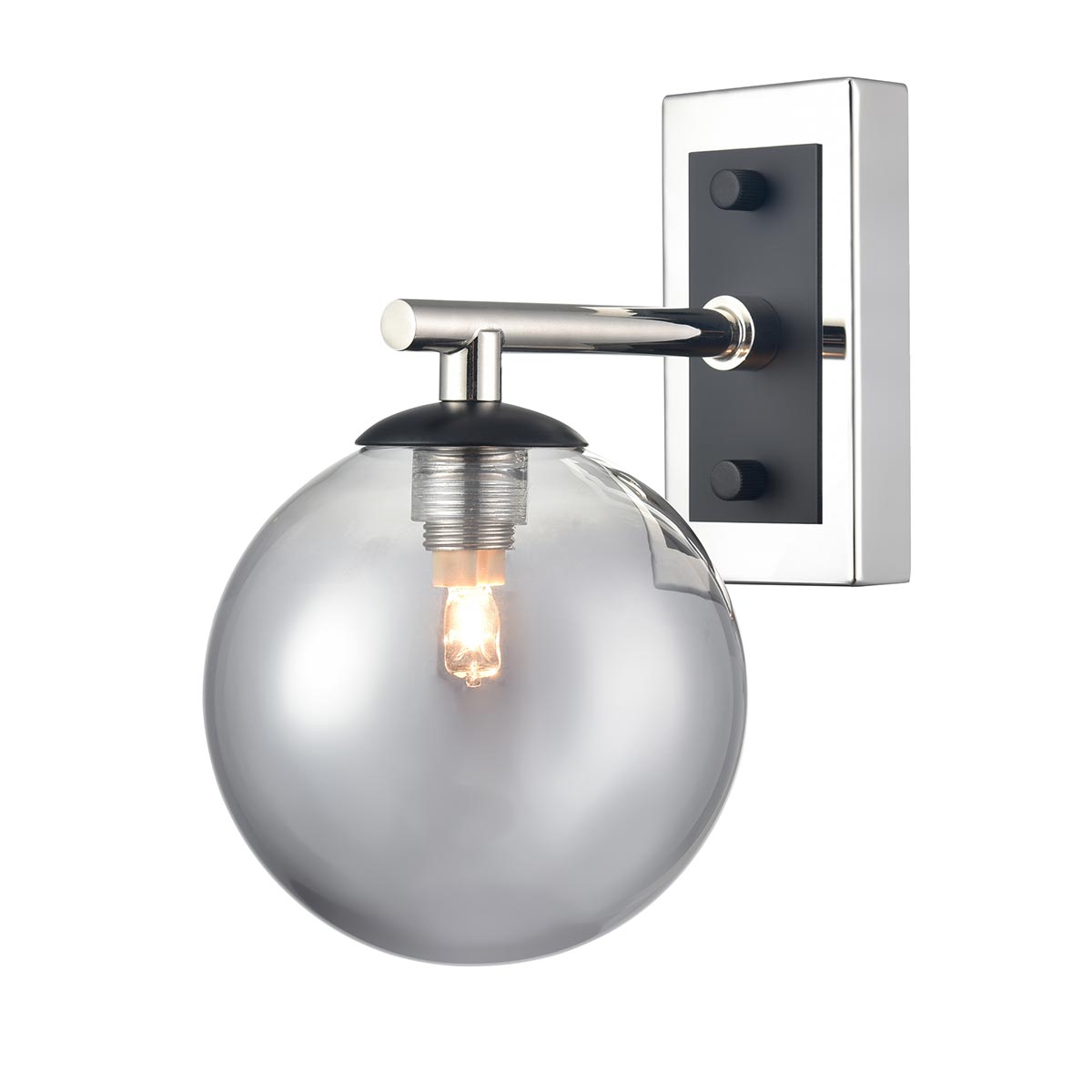 Franklite Stellar single wall light in matt black and polished nickel with smoked glass, on white background.