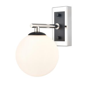 Franklite Stellar single wall light in matt black and polished nickel with matt white opal glass, on white background.