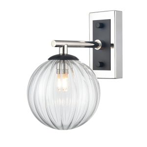 Franklite Stellar single wall light in matt black and polished nickel with ribbed clear glass, on white background.