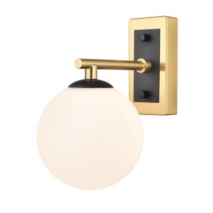 Franklite Stellar single wall light in matt black and aged brass with matt white opal glass, on white background.