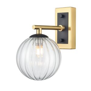Franklite Stellar single wall light in matt black and aged brass with ribbed clear glass, on white background.