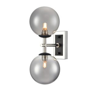 Franklite Stellar twin wall light in matt black and polished nickel with smooth smoked glass, vertical on white background.