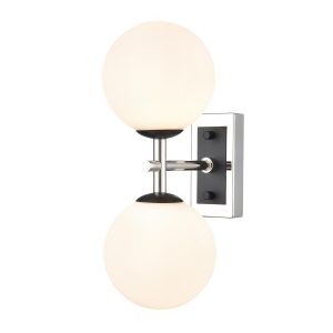 Franklite Stellar twin wall light in matt black and polished nickel with matt white opal glass, vertical on white background.