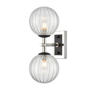 Franklite Stellar twin wall light in matt black and polished nickel with ribbed clear glass, vertical on white background.