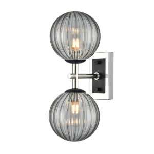 Franklite Stellar twin wall light in matt black and polished nickel with ribbed smoked glass, vertical on white background.