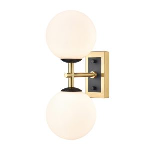 Franklite Stellar twin wall light in matt black and aged brass with opal glass, vertical on white background.