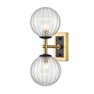 Franklite Stellar twin wall light in matt black and aged brass with ribbed clear glass globe shades, shown vertical on white background.