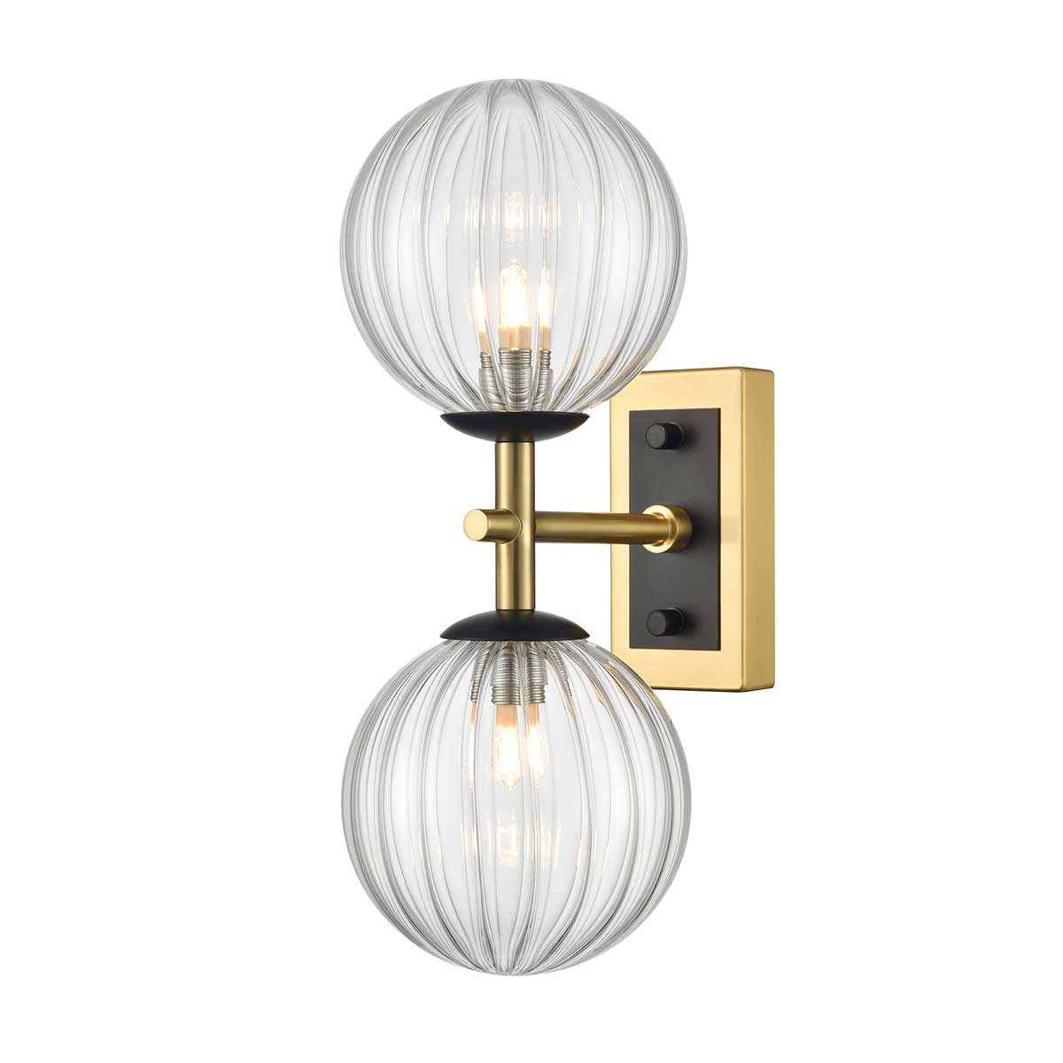 Franklite Stellar twin wall light in matt black and aged brass with ribbed clear glass globe shades, shown vertical on white background.