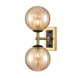 Franklite Stellar twin wall light in matt black and aged brass with ribbed amber glass, vertical on white background.