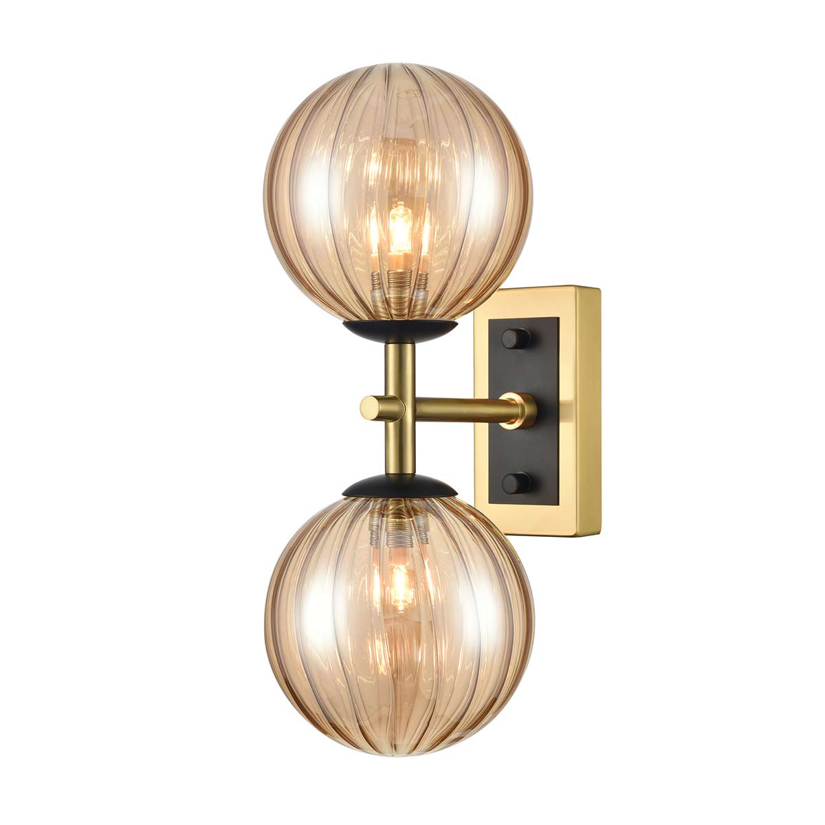 Franklite Stellar twin wall light in matt black and aged brass with ribbed amber glass, vertical on white background.