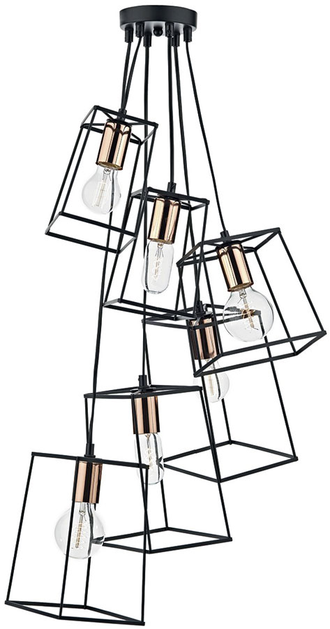 Dar Tower Matt Black 6 Light Cluster Pendant Polished Copper Detail