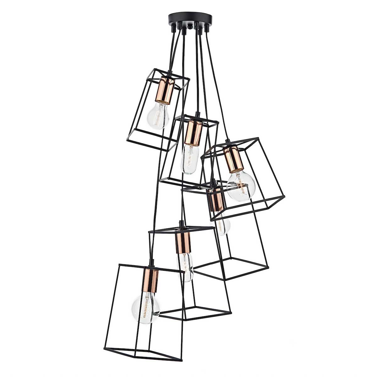 Dar Tower Matt Black 6 Light Cluster Pendant Polished Copper Detail