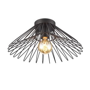 Franklite Thatch 1 light flush ceiling light in matt black, on white background, lit.
