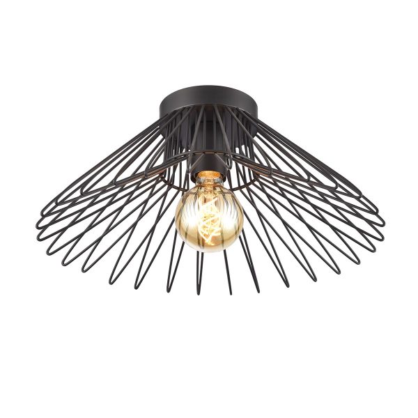 Franklite Thatch 1 light flush ceiling light in matt black, on white background, lit.