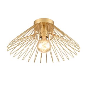 Franklite Thatch 1 light flush ceiling light in gold, on white background, lit.