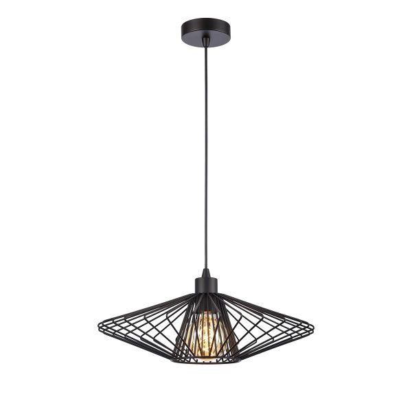 Franklite Thatch small 1 light ceiling pendant in matt black, full height on white background.