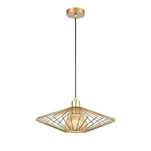 Franklite Thatch small 1 light ceiling pendant in gold, full height on white background.