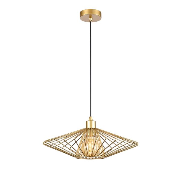 Franklite Thatch small 1 light ceiling pendant in gold, full height on white background.