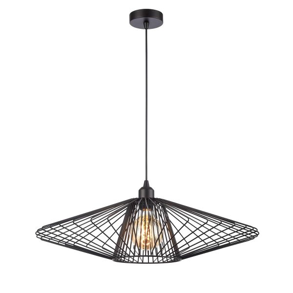 Franklite Thatch large 1 light ceiling pendant in matt black, full height on white background.