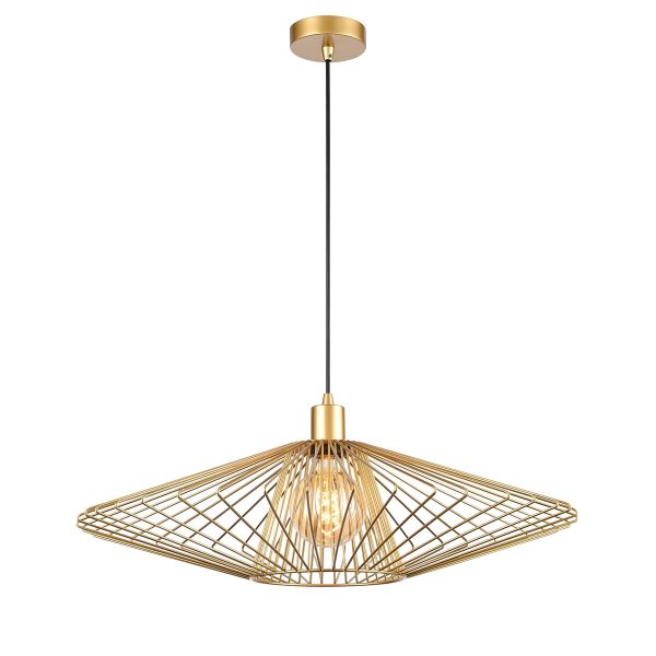 Franklite Thatch large 1 light ceiling pendant in gold, full height on white background.