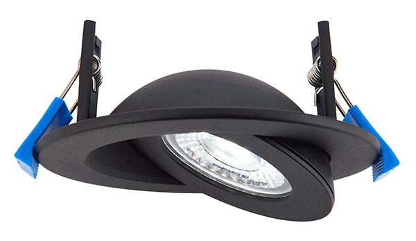 Tilt CCT (colour change) LED tilt downlight in matt black.