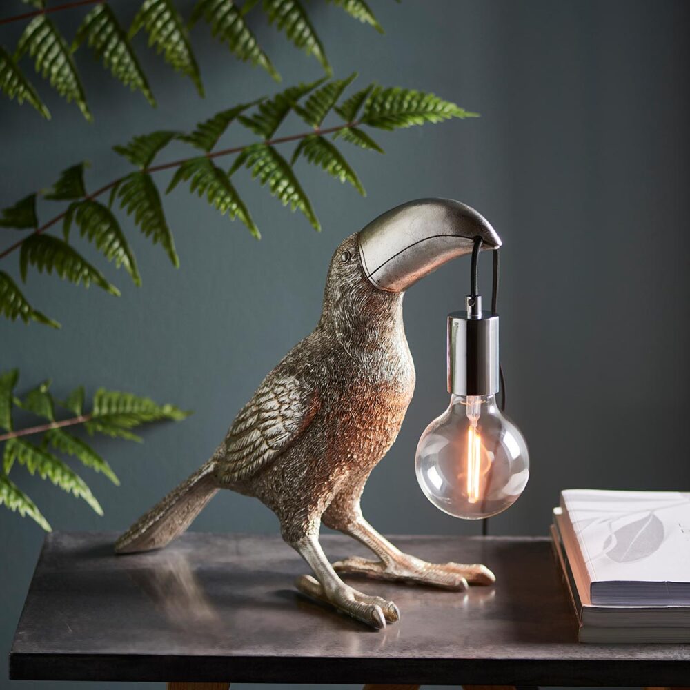 Toucan 1 Light Detailed Resin Bird Table Lamp Vintage Silver Finish