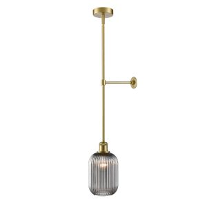 Franklite Tranquil single light aged brass pendant with smoked ribbed glass shade, on white background.